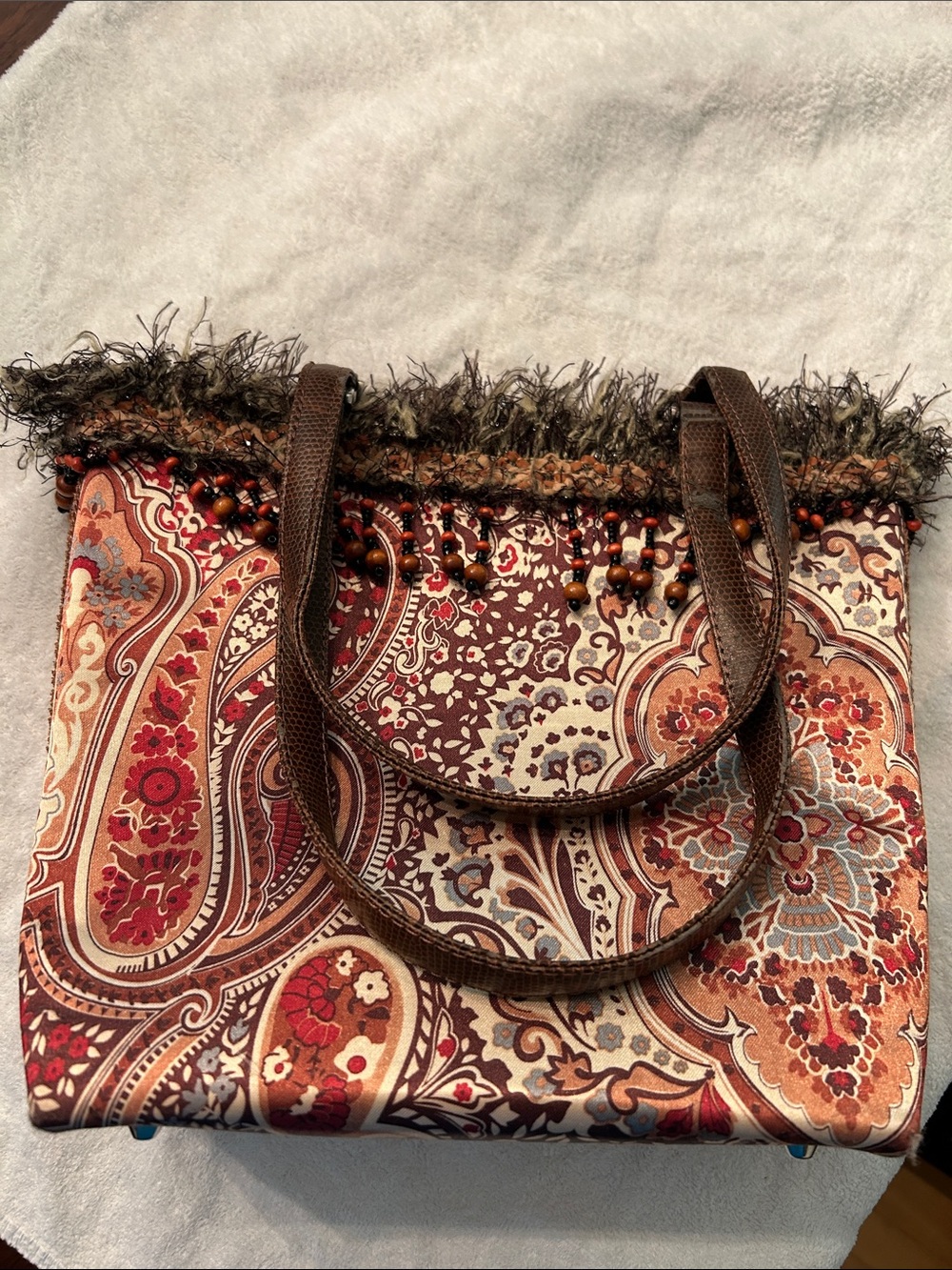 Bohemian Paisley Brown Tote Bag with Beaded Fringe